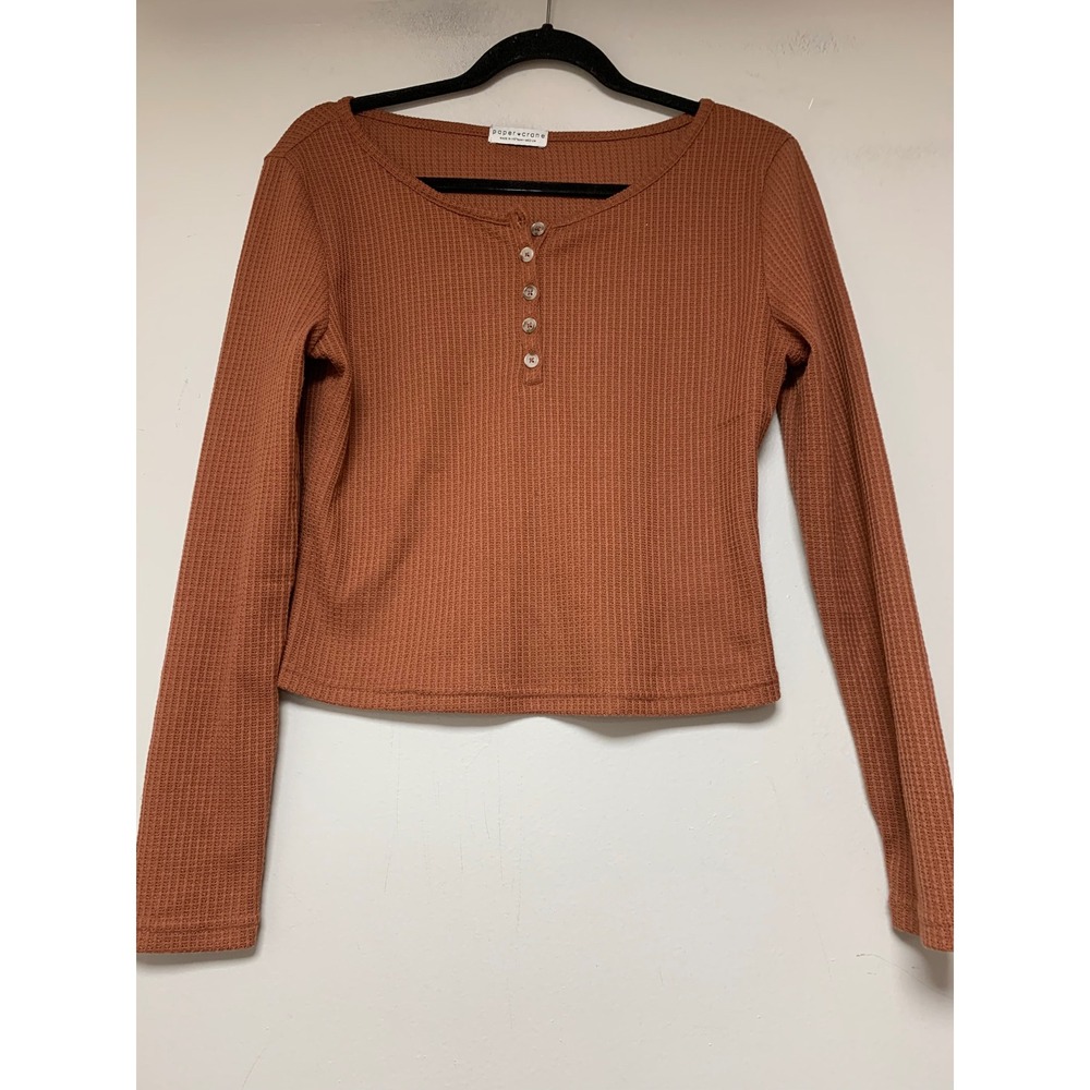 Paper Crane Henley Top Women Medium Rust Excellent Waffle Knit Crop Long Sleeve